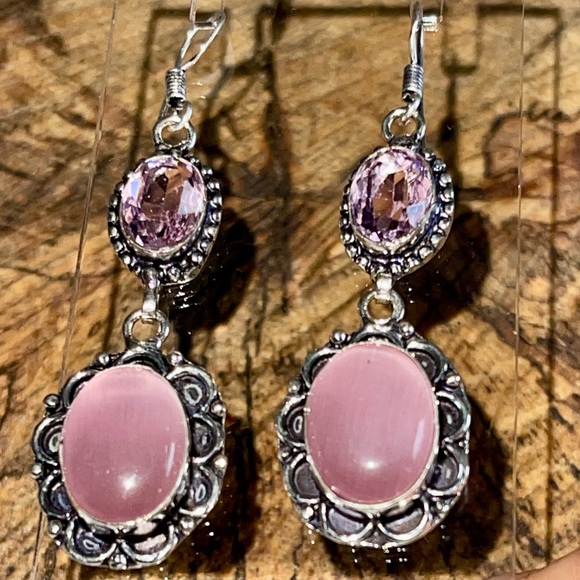 Chrysoberyl Cat’s Eye Earrings 2 1/4” - Picture 1 of 14